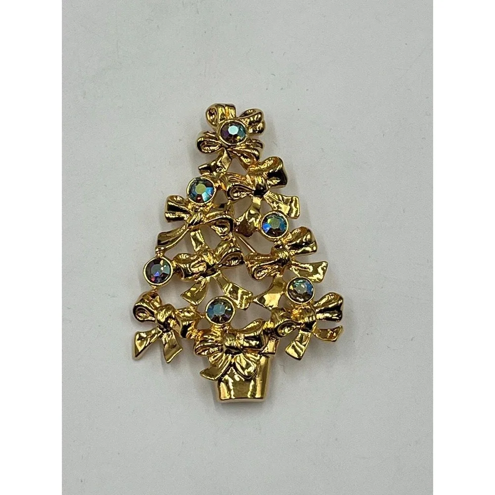 Avon Vintage‎ Christmas Tree Gold Tone AB Rhinestone Bows 1992 Holiday Brooch